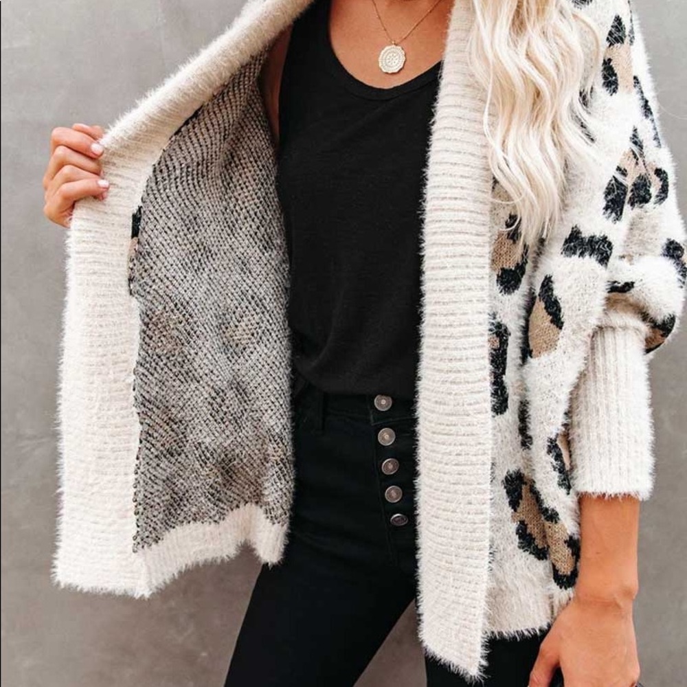 SOLD OUT Leopard Fuzzy Oversized Cardigan Knit Sweater - Picture 6 of 7